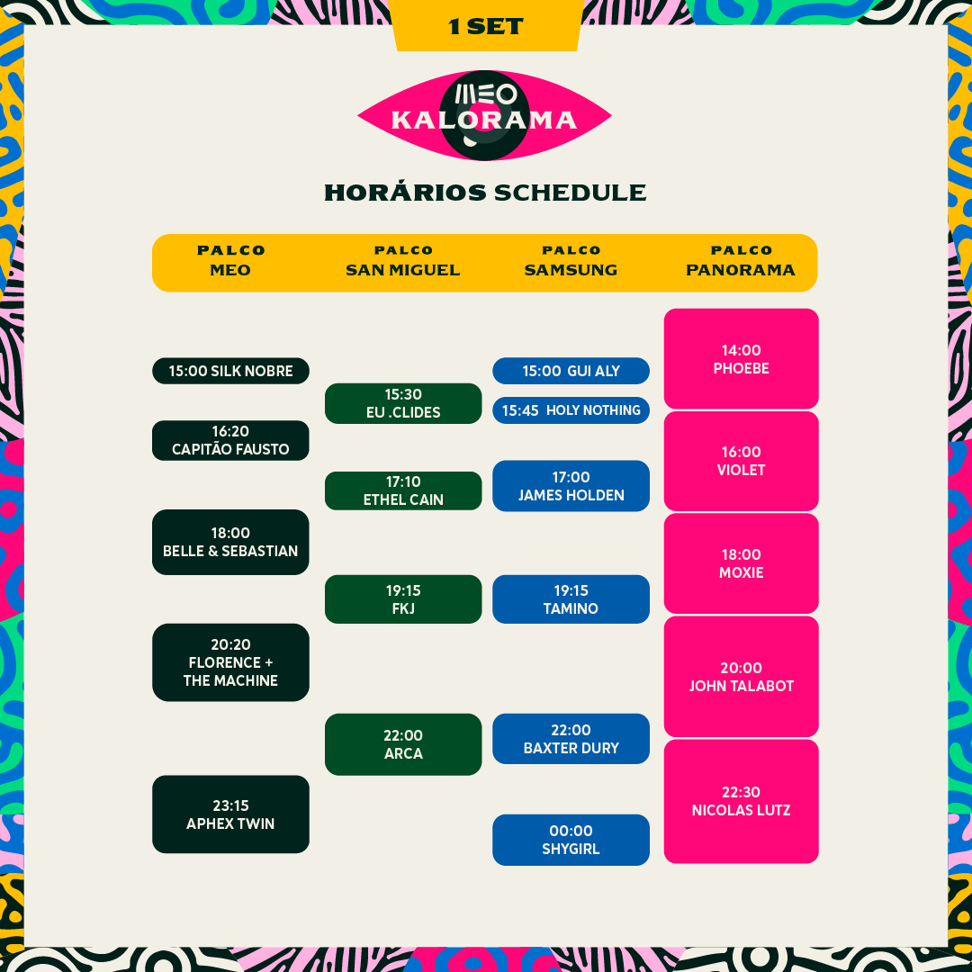 Na imagem é possível observar os horários e os palcos em que os artistas irão atuar no dia 1 de setembro no festival MEO Kalorama.