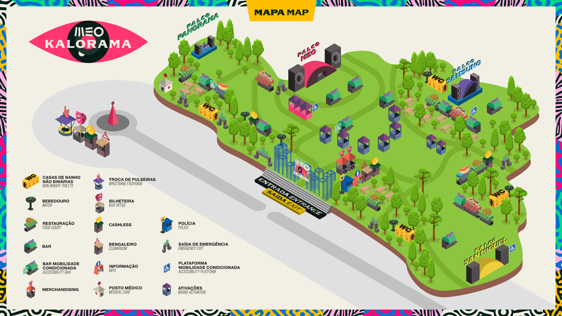 Nesta imagem é possível observar o mapa do festival MEO Kalorama. Demonstra o recinto do festival e os respetivos locais de acesso dentro e fora do mesmo.