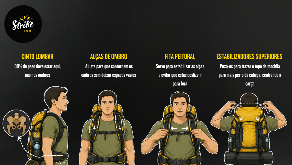 Ilustração de homem com mochila de trilha destacando cinto lombar, alças, fita peitoral e estabilizadores superiores para ajuste de carga (longo).