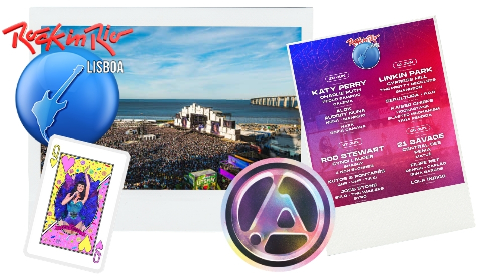 Collage of Rock in Rio Lisboa memorabilia: crowd photo, blue globe logo, a card, a circular symbol, and a pink lineup poster.