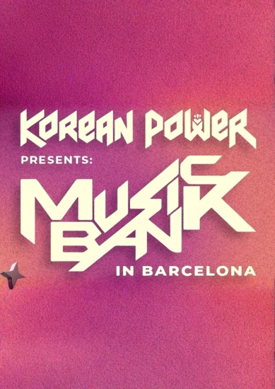 Poster for a music event with a pink–orange gradient background and bold white geometric text reading "Korean Power presents: Music By in Barcelona" plus a small star graphic.