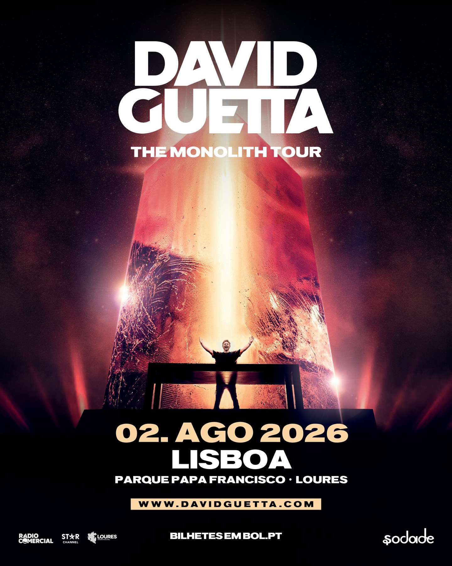 David Guetta The Monolith Tour poster: a DJ on a platform in front of a giant rocket blast, Lisboa, 02 Aug 2026, Parque Papa Francisco, Loures.