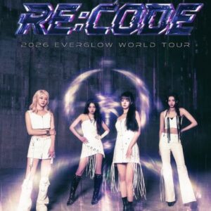 Everglow 2026 World Tour poster with four members in white outfits and the 'RE:CODE' logo at top.