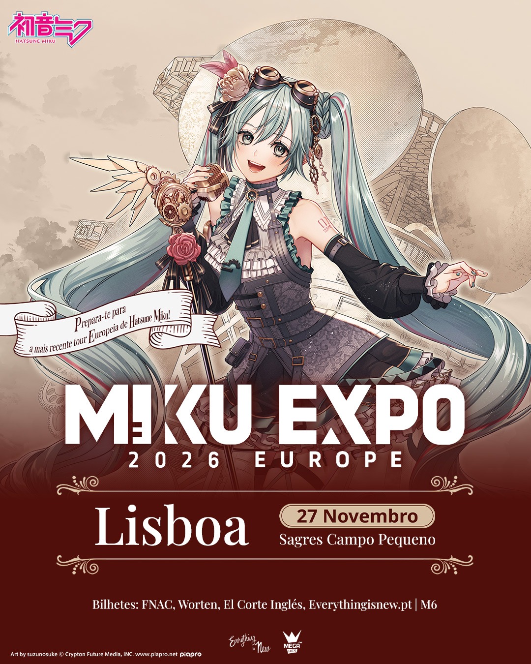 Hatsune Miku in a steampunk outfit posing with a gear-encrusted microphone on a promotional poster for Miku Expo 2016 Europe in Lisbon, Portugal.