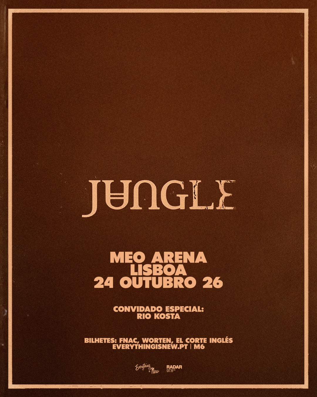 Event poster announcing Jungle at MEO Arena in Lisbon, October 24–26, with special guest Rio Costa; ticket outlets listed.