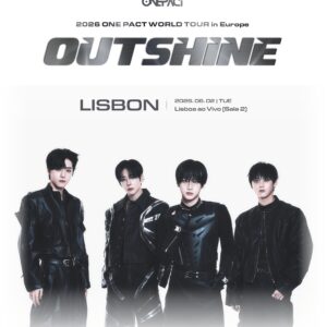 Promotional banner for the 2026 One PACT World Tour 'Outshine' with a five-member group in black outfits, Lisbon date details below (Sala 2).