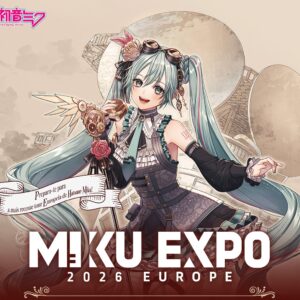 Promotional poster for Hatsune Miku's MIKU EXPO 2016 Europe, showing Miku in a steampunk outfit holding a cookie with the logo and gears in the background.
