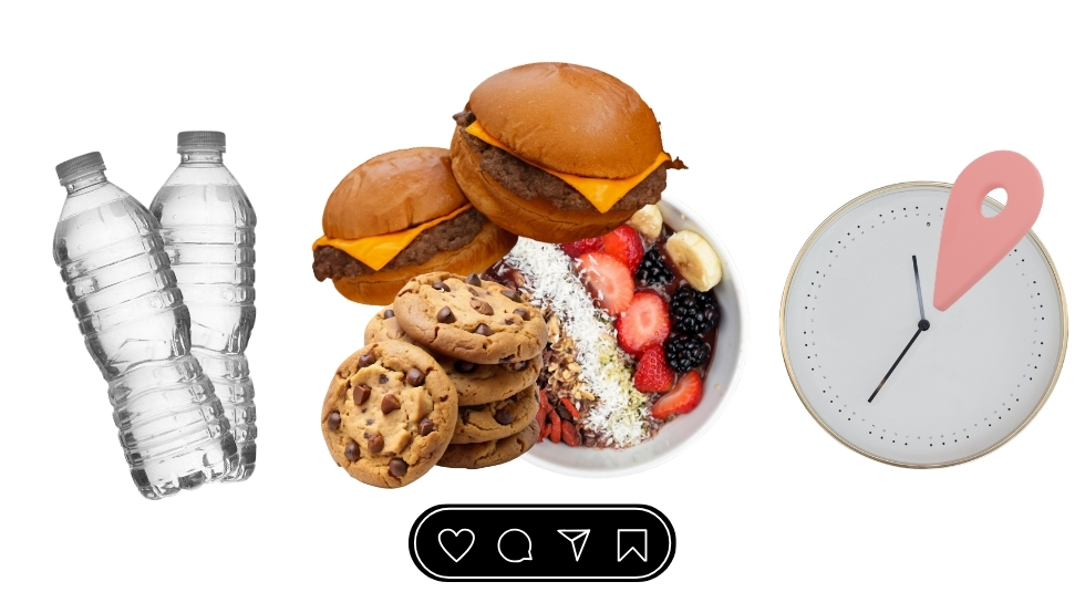 Two water bottles next to a bowl of burgers, cookies and berries, with a clock and pink map pin.