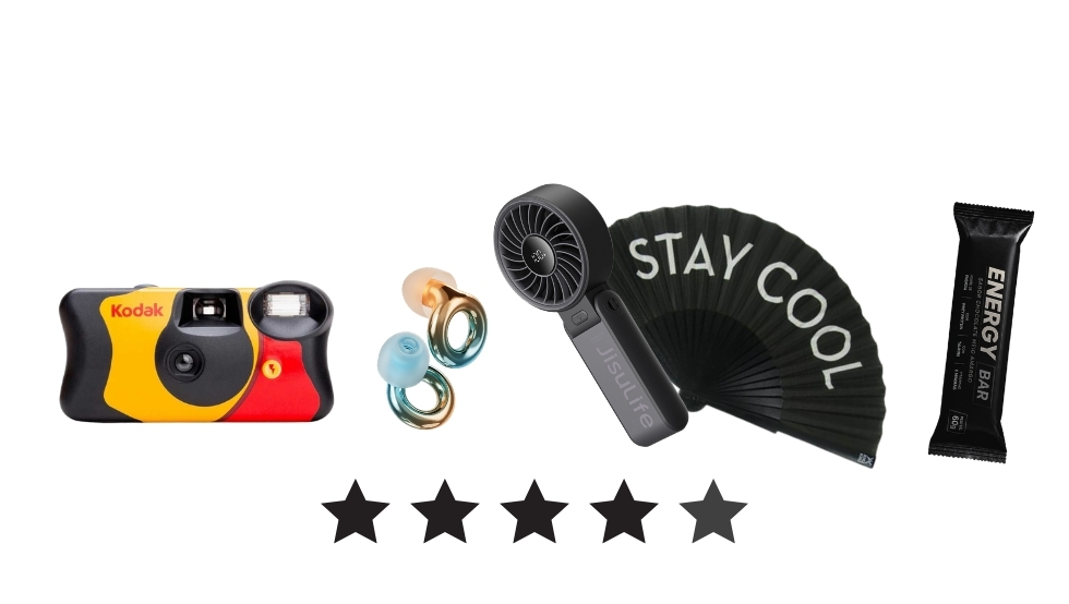 Collage of gadgets: Kodak camera, jewelry rings, handheld fan with 'STAY COOL' text, an energy bar, and a five-star rating.