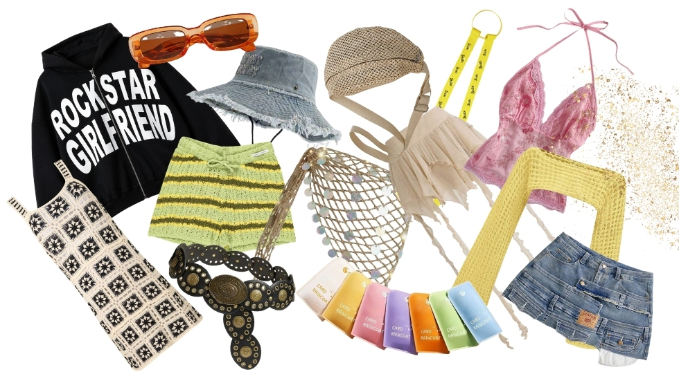 Collage of trendy fashion items: hoodie reading 'Rockstar Girlfriend', orange sunglasses, denim hat, striped green shorts, belt, net bag, beige bikini, yellow tape measure, knit skirt, colorful nail polishes, denim skirt and jewelry pieces.