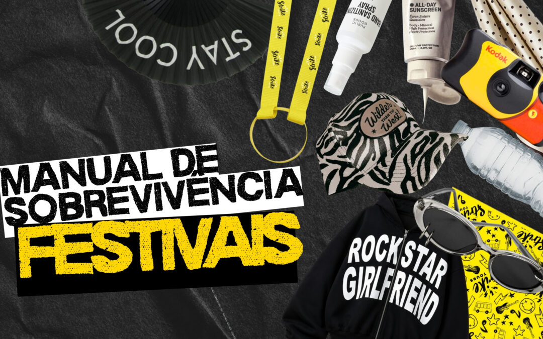 Spanish-language festival poster collage advertising a ‘Manual de Sobrevivencia’ with gear like lanyards, sunscreen, water bottle, and sunglasses on a dark background.